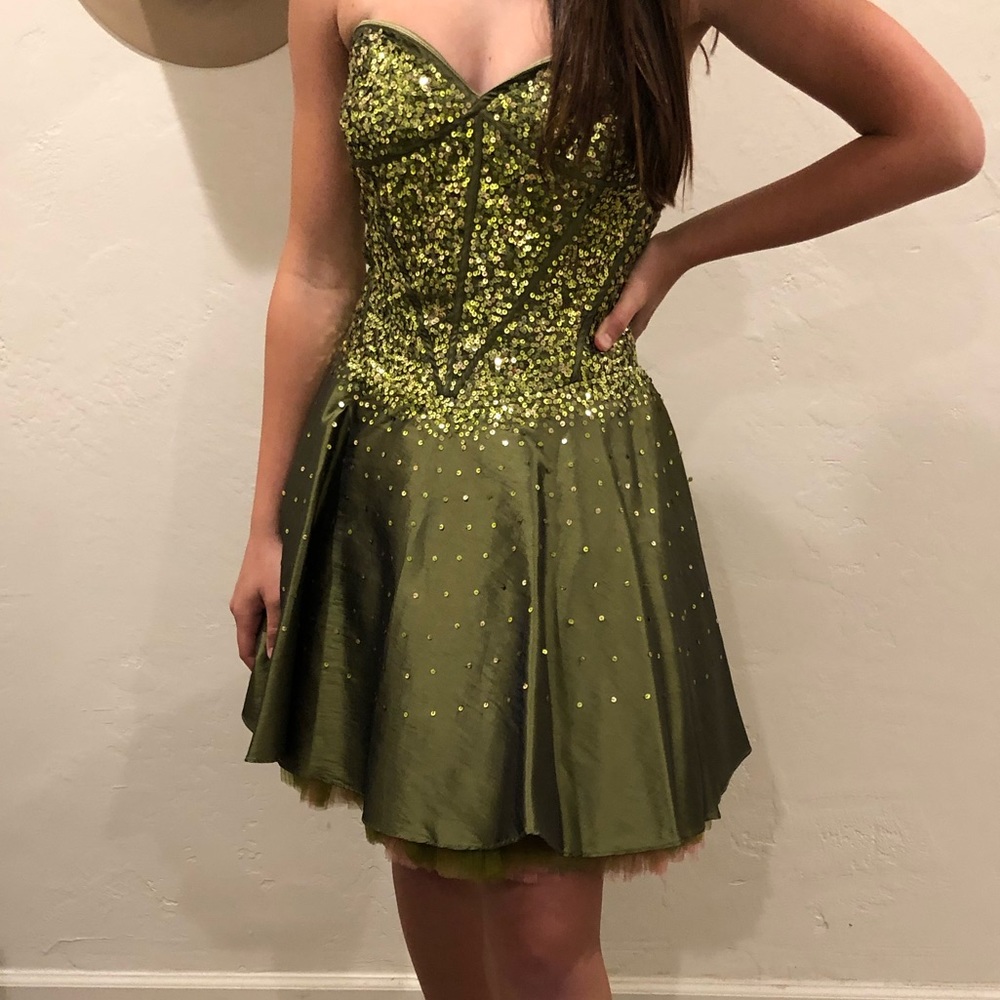 Olive Green Strapless Sequin Dress